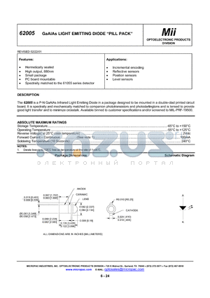 62005-003 datasheet - GaAlAs LIGHT EMITTING DIODE PILL PACK