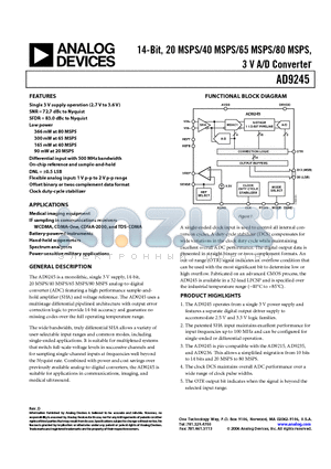 AD9245BCP-80 datasheet - 14-Bit, 20 MSPS/40 MSPS/65 MSPS/80 MSPS, 3 V A/D Converter