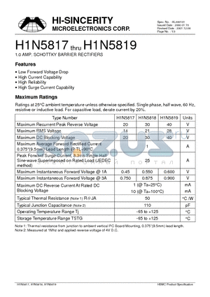 H1N5818 datasheet - 1.0AMP.SCHOTTKY BARRIER RECTIFIERS