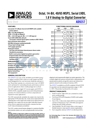 AD9257-65EBZ datasheet - Octal, 14-Bit, 40/65 MSPS, Serial LVDS