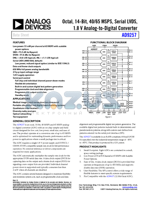 AD9257BCPZ-65 datasheet - Octal, 14-Bit, 40/65 MSPS, Serial LVDS