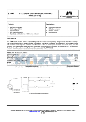 62017-004 datasheet - GaAs LIGHT EMITTING DIODE PIGTAIL