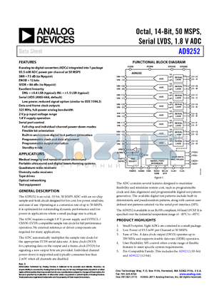 AD9252ABCPZ-50 datasheet - Octal, 14-Bit, 50 MSPS, Serial LVDS, 1.8 V ADC