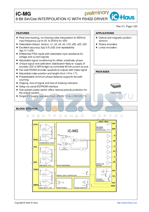 IC-MG datasheet - 8-Bit Sin/Cos INTERPOLATION IC WITH RS422 DRIVER