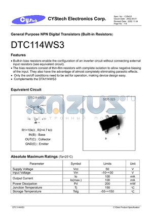 DTA114WS3 datasheet - General Purpose NPN Digital Transistors (Built-in Resistors)