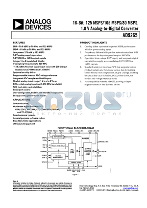 AD9265BCPZRL7-125 datasheet - 16-Bit, 125 MSPS/105 MSPS/80 MSPS 1.8 V Analog-to-Digital Converter