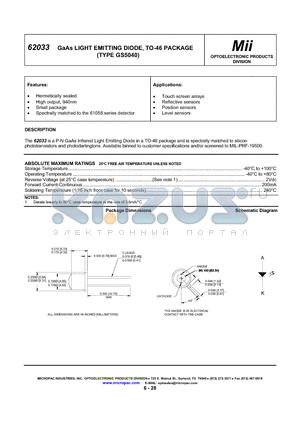 62033 datasheet - GaAs LIGHT EMITTING DIODE, TO-46 PACKAGE