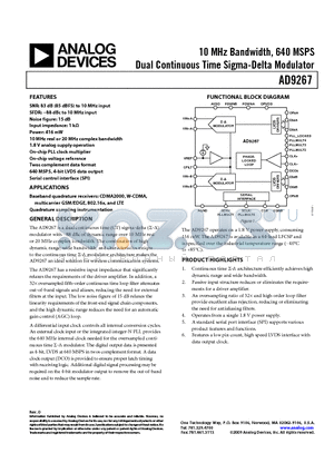 AD9267BCPZ datasheet - 10 MHz Bandwidth, 640 MSPS Dual Continuous Time Sigma-Delta Modulator