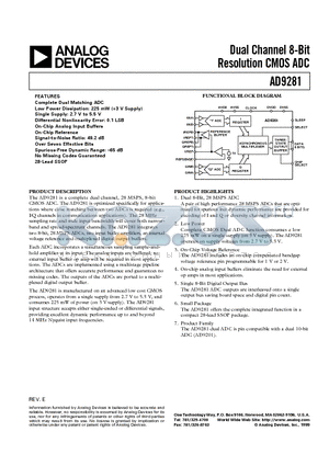 AD9281ARS datasheet - Dual Channel 8-Bit Resolution CMOS ADC