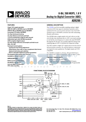 AD9286 datasheet - 8-Bit, 500 MSPS, 1.8 V Analog-to-Digital Converter (ADC)