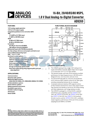 AD9269-65EBZ datasheet - 16-Bit, 20/40/65/80 MSPS, 1.8 V Dual Analog-to-Digital Converter