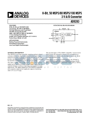 AD9283BRS-50 datasheet - 8-Bit, 50 MSPS/80 MSPS/100 MSPS 3 V A/D Converter