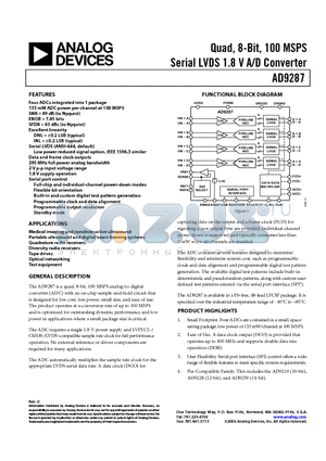 AD9287-100EB datasheet - Quad, 8-Bit, 100 MSPS Serial LVDS 1.8 V A/D Converter