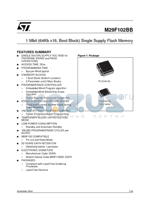 M295V102BB50K1T datasheet - 1 Mbit 64Kb x16, Boot Block Single Supply Flash Memory