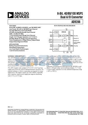 AD9288 datasheet - 8-Bit, 40/80/100 MSPS Dual A/D Converter