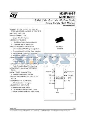 M295V160BB70N3T datasheet - 16 Mbit 2Mb x8 or 1Mb x16, Boot Block Single Supply Flash Memory