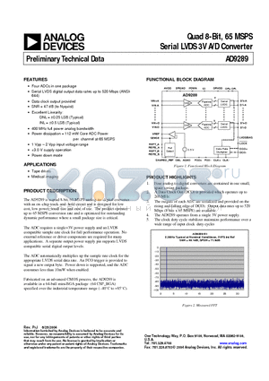 AD9289BBC-65 datasheet - Quad 8-Bit, 65 MSPS Serial LVDS 3V A/D Converter