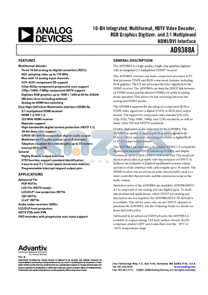 AD9388ABSTZ-110 datasheet - 10-Bit Integrated, Multiformat, HDTV Video Decoder, RGB Graphics Digitizer, and 2:1 Multiplexed HDMI/DVI Interface