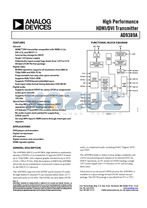 AD9389A datasheet - High Performance HDMI/DVI Transmitter