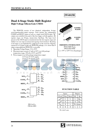 IW4015B datasheet - Dual 4-Stage Static Shift Register High-Voltage Silicon-Gate CMOS