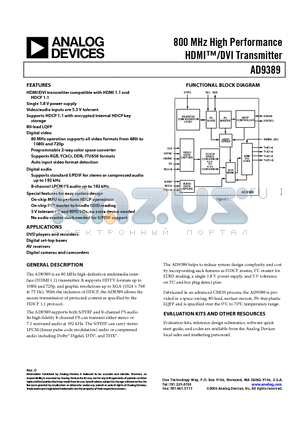 AD9389 datasheet - 800 MHz High Performance HDMI/DVI Transmitter