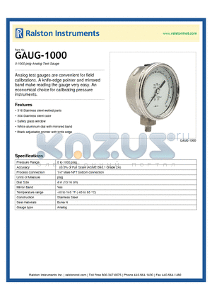 GAUG-1000 datasheet - 0-1000 psig Analog Test Gauge