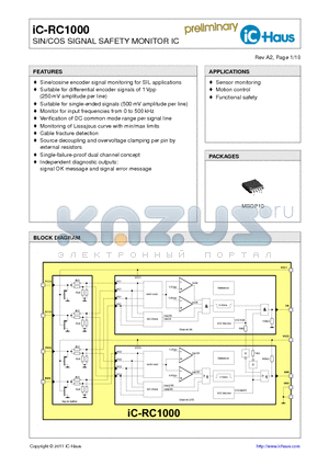 IC-RC1000 datasheet - SIN/COS SIGNAL SAFETY MONITOR IC
