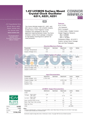 6211 datasheet - 1.8V LVCMOS Surface Mount Crystal Clock Oscillator