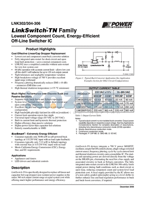 LNK302P/G/D datasheet - Lowest Component Count, Energy-Effi cient Off-Line Switcher IC