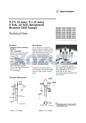 HLMP-1600OOB1 datasheet - T-13/4 (5 mm), T-1 (3 mm), 5 Volt, 12 Volt, Integrated Resistor LED Lamps