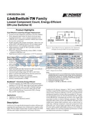 LNK304D datasheet - Lowest Component Count, Energy-Efficient Off-Line Switcher IC