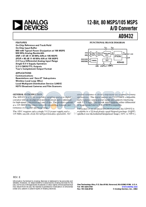 AD9432BST-105 datasheet - 12-Bit, 80 MSPS/105 MSPS A/D Converter