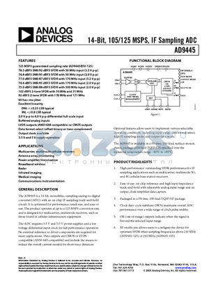 AD9445 datasheet - 14-Bit, 105/125 MSPS, IF Sampling ADC