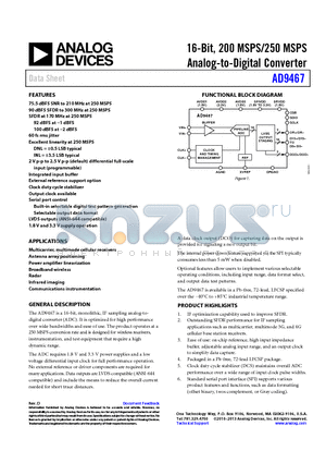 AD9467-FMC-250EBZ datasheet - 16-Bit, 200 MSPS/250 MSPS Analog-to-Digital Converter
