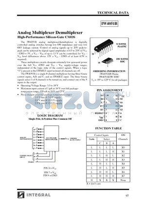 IW4051B datasheet - Analog Multiplexer Demultiplexer High-Performance Silicon-Gate CMOS
