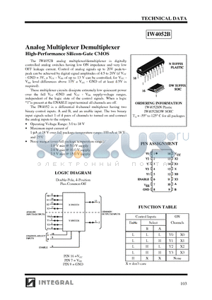 IW4052B datasheet - Analog Multiplexer Demultiplexer High-Performance Silicon-Gate CMOS