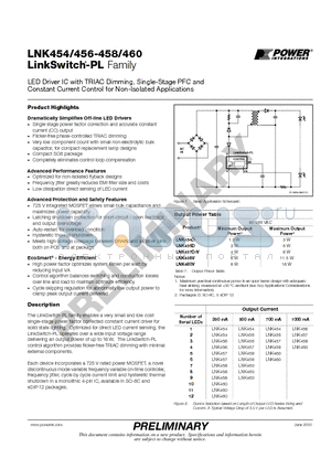 LNK454D datasheet - LED Driver IC with TRIAC Dimming, Single-Stage PFC and Constant Current Control for Non-Isolated Applications