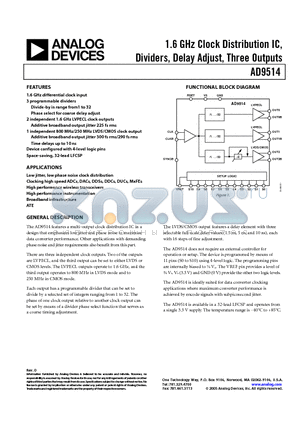 AD9514BCPZ datasheet - 1.6 GHz Clock Distribution IC, Dividers, Delay Adjust, Three Outputs