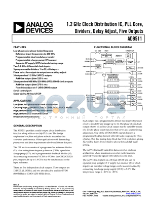 AD9511BCPZ-REEL datasheet - 1.2 GHz Clock Distribution IC, PLL Core, Dividers, Delay Adjust, Five Outputs