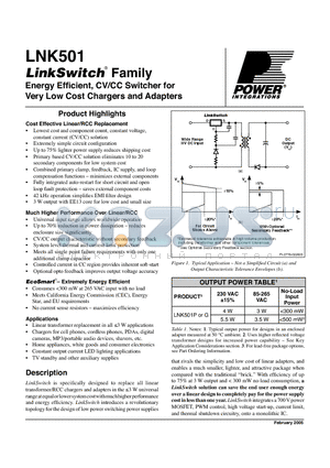 LNK501GN datasheet - Energy Efficient, CV/CC Switcher for Very Low Cost Chargers and Adapters