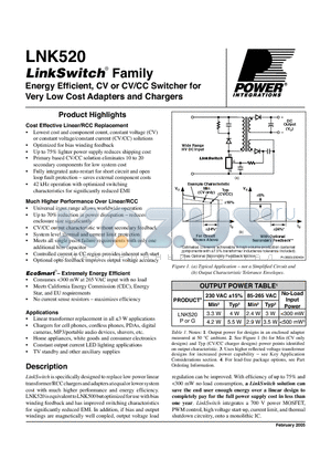 LNK520G datasheet - Energy Efficient, CV or CV/CC Switcher for Very Low Cost Adapters and Chargers