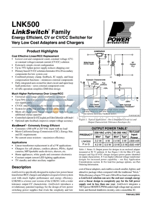LNK500GN datasheet - Energy Efficient, CV or CV/CC Switcher for Very Low Cost Adapters and Chargers