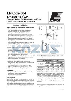 LNK562G datasheet - Energy Effi cient Off-Line Switcher IC for Linear Transformer Replacement