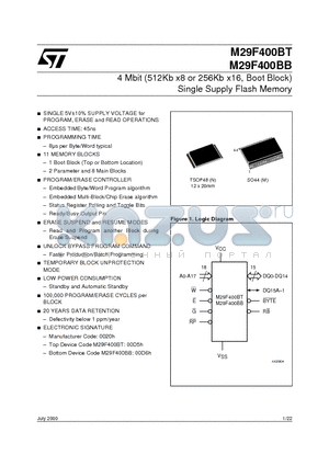 M295V400BB45M6T datasheet - 4 Mbit 512Kb x8 or 256Kb x16, Boot Block Single Supply Flash Memory