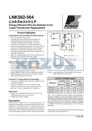 LNK564G datasheet - Energy Effi cient Off-Line Switcher IC for Linear Transformer Replacement