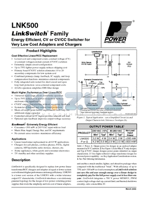 LNK500 datasheet - Energy Efficient, CV or CV/CC Switcher for Very Low Cost Adapters and Chargers