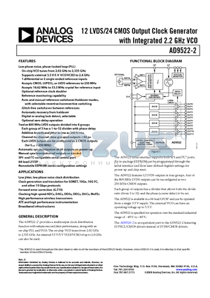 AD9522-2BCPZ datasheet - 12 LVDS/24 CMOS Output Clock Generator with Integrated 2.2 GHz VCO