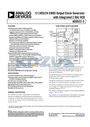 AD9522-3BCPZ datasheet - 12 LVDS/24 CMOS Output Clock Generator with Integrated 2 GHz VCO