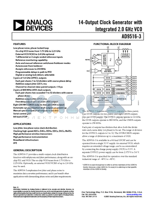 AD9516-3 datasheet - 14-Output Clock Generator with Integrated 2.0 GHz VCO