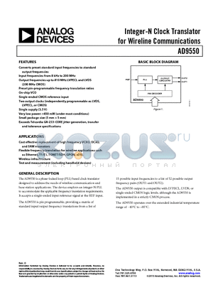 AD9550 datasheet - Integer-N Clock Translator for Wireline Communications